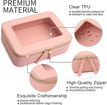 Clear Makeup Bag Transparent Travel Case for Cosmetics and Toiletries Women's Brush Bag and Clear Car Bag with Zipper (Pink, M+)