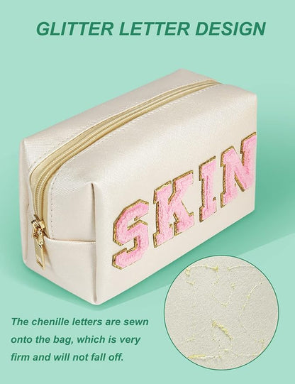 Preppy Makeup Bag, Synthetic Leather Patch Cosmetic Bag with SKIN Chenille Letter for Travel, Gift for Girlfriend or Wife, Present for Girls, Daughter, Sister and Mother