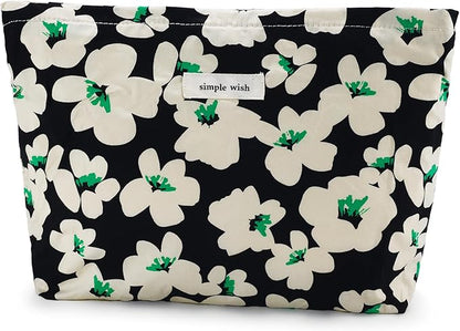 Flower Makeup Bag Travel Large Cosmetic Bag for Women Cute Make up Pouch Zipper Cosmetic Pouch for Purse Cotton Aesthetic White Black Floral Makeup Organizer Bag Portable Toiletry Bag