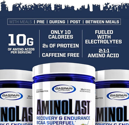 Gaspari Nutrition Aminolast, Recovery and Endurance BCAA Superfuel, 2:1:1 Amino Acid Ratio, Fueled with Electrolytes (30 Servings, Watermelon Blast)