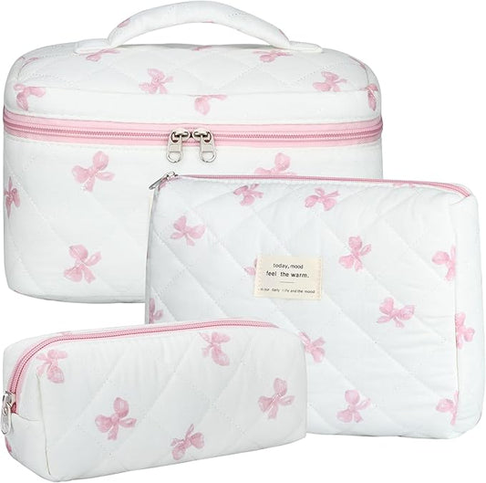 Quilted Makeup Bag Set, 3Pcs Large Checkered Corduroy Cosmetic Bags, Cute Coquette Makeup Bag Toiletry Zipper Pouch Bag for Women and Girls Checkered