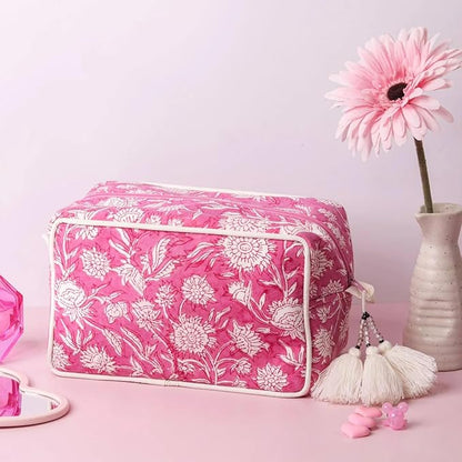 Travel Makeup Bag- Large Capacity Cosmetic Bags for Women - Water Resistance Lining Portable Pouch & Open Toiletry Bag - Perfect Girls Makeup Organizer for Travel Essentials (White & Pink Floral)