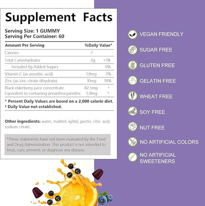 AFXMATE Sambucus Elderberry Gummies, Black Elderberry Gummy with Zinc and Vitamin C for Adults, Sugar Free Kids Multivitamin Gummies, Immune Support* Supplement, 120 Gummies (2 Pack)