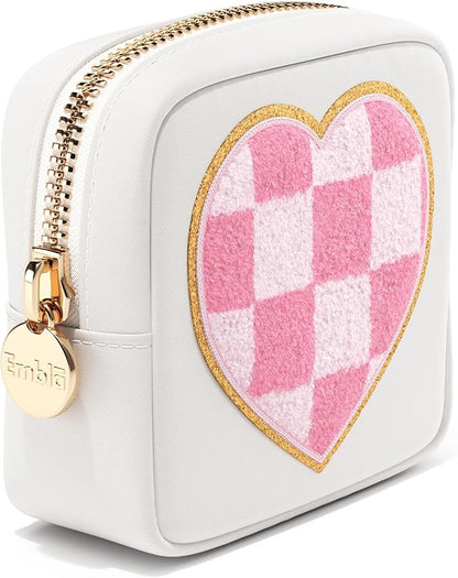 HEART Valentine Makeup Bag Travel Cosmetics Pouch and Toiletry Bag, Nylon Zipper Pouch Purse, Cute Make Up Organizer Storage Tote for Women Girls, Travel Skincare Case, Small Makeup Bags, White