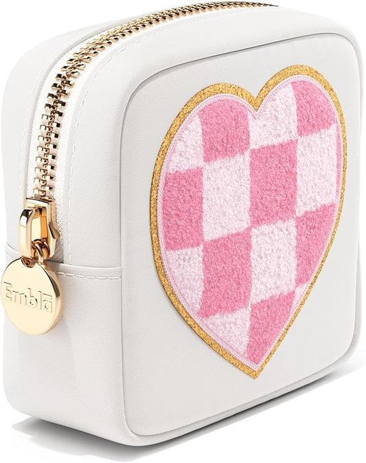 HEART Valentine Makeup Bag Travel Cosmetics Pouch and Toiletry Bag, Nylon Zipper Pouch Purse, Cute Make Up Organizer Storage Tote for Women Girls, Travel Skincare Case, Small Makeup Bags, White