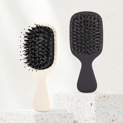 Mini Boar Bristles Hair Bursh, Travel Size Hair Brush for Women Men Kids, Protable Small Hair Brush for Pockets Purses, Mini Detangler Brush for Smooth Add Shine(White)