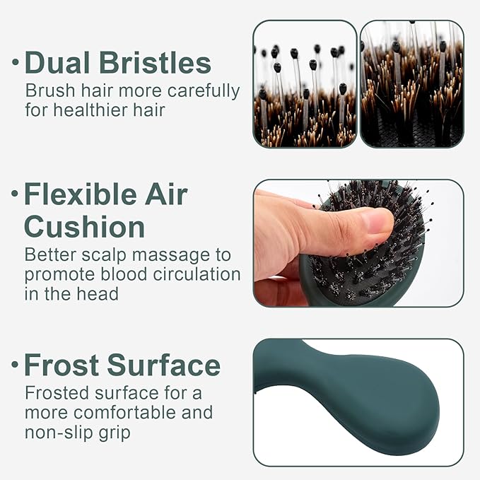 Mini Boar Bristles Hair Bursh, Travel Size Hair Brush for Women Men Kids, Protable Small Hair Brush for Pockets Purses, Mini Detangler Brush for Smooth Add Shine (1 Pack-Green)
