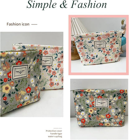 Flower Fabric Makeup Bag for Purse, Vintage Corduroy Cosmetic Pouch Bag, Portable Travel Handbag for Women Girls (Bean green flowers)