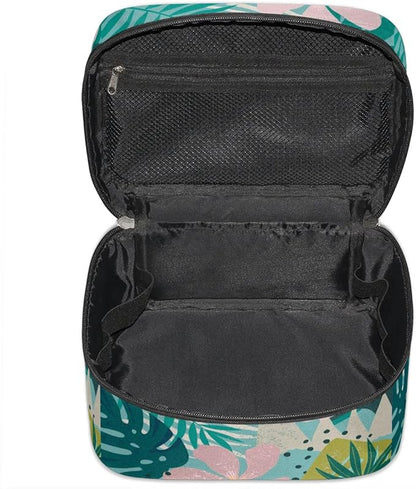 Large Makeup Bag Travel Cosmetic Bags for Women Teal Pink Tropical Palm Flower Floral Makeup Organizer Case Toiletry Bag for Girls Traveling Wide Open Portable Pouch with Handle