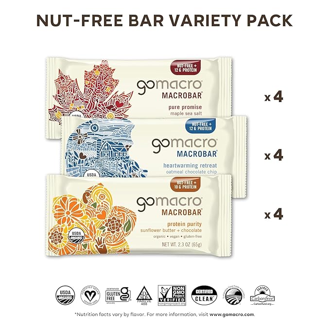 GoMacro MacroBar Organic Vegan Protein Bars - Nut-Free Variety Pack (2.3 Ounce Bars, 12 Count)
