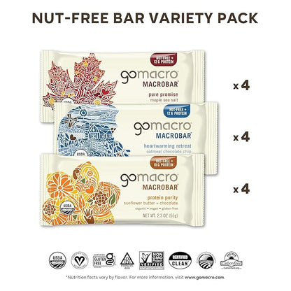 GoMacro MacroBar Organic Vegan Protein Bars - Nut-Free Variety Pack (2.3 Ounce Bars, 12 Count)