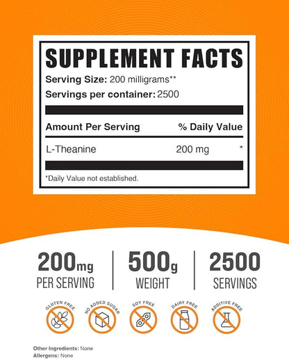 BulkSupplements.com L-Theanine Powder - L-Theanine Supplement, L-Theanine 200mg - Amino Amino Supplement, Pure & Gluten Free, 200mg per Serving, 500g (1.1 lbs) (Pack of 1)