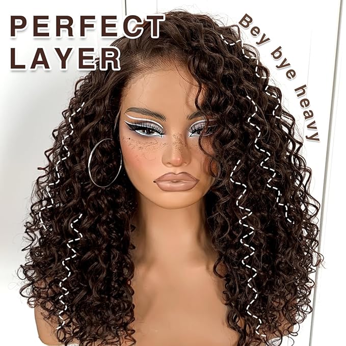 Wear And Go Glueless Curly Wig Pre-Plucked Synthetic Brown Wig Pre-Cut HD Lace Frontal Wig 13x6 Chocolate Brown Afro Kinky Curly With Layer