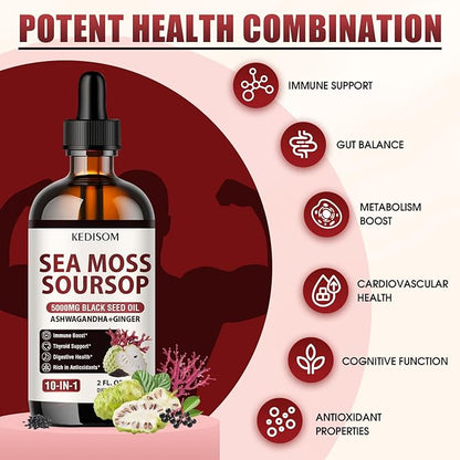 Irish Sea Moss Soursop Drops 2 Fl Oz - Sea Moss Black Seed Oil Multivitamin Liquid with Ashwagandha, Burdock Root, Bladderwrack, Soursop Seamoss Supplement for Gut, Immunity, Thyroid Support