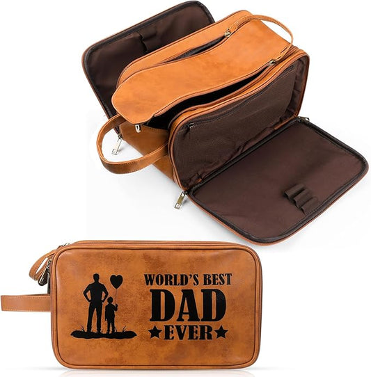 Retirement Gifts Toiletry Bag for Men PU Leather Men's Toiletry Travel Bag Large Shaving Kit Bag Water Resistant Cosmetic Bag Pouch for Groom Bathroom Traveling(Father)