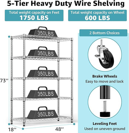 Steel Storage Shelving 5-Tier Utility Shelving Unit with Wheels, Steel Organizer Wire Rack for Home,Kitchen,Office,Garage,17.7" D x 47.2" W x 76.7" H-Chrome