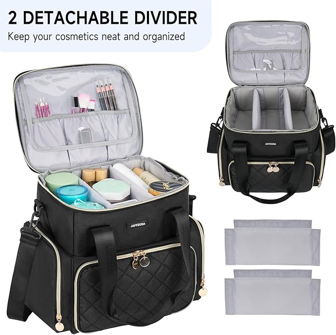 Extra Large Makeup Bag with 3 Removable Cases, Double Layers Travel Cosmetic Storage Organizer Bag with Detachable Dividers, Black