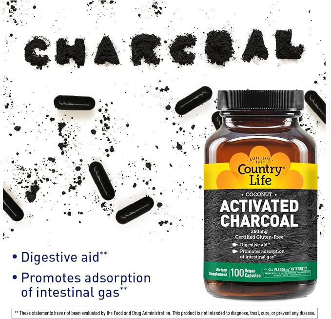 Country Life Activated Charcoal Capsules, 260mg – Natural Charcoal Supplement for Gas and Bloating Relief - Organic Coconut Charcoal, Gluten-Free, Non-GMO, 100 Vegan Capsules