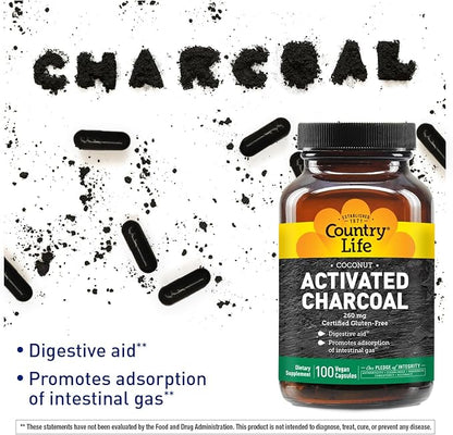 Country Life Activated Charcoal Capsules, 260mg – Natural Charcoal Supplement for Gas and Bloating Relief - Organic Coconut Charcoal, Gluten-Free, Non-GMO, 100 Vegan Capsules