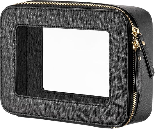 Keains Clear Makeup Bag for Women Cosmetic Organizer Case Transparent Waterproof Travel Toiletry Bag with Zipper Portable Make Up Organizer Traveling Compact Car Bag for Essentials（Black）