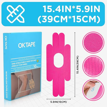 OK TAPE One-Structure K-Tape Patches | Precut for Knee Kinesiology Tape | Pain Relief and Accessories | 10 Pcs and Pink