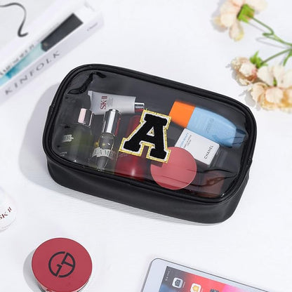 YOOLIFE Initial Travel Essentials Makeup Bag, Make Up Bag Skin Care Clear Toiletry Bag Pouch Cosmetic Bag Case Large Makeup Bag Personalized Birthday Gifts for Women Teacher Mom Teen Friends Black V