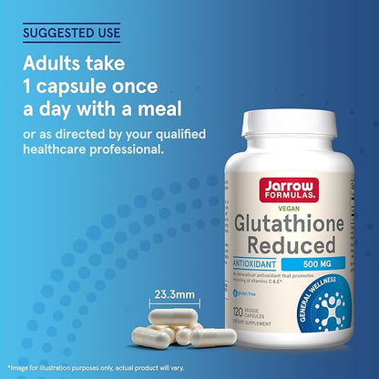 Jarrow Formulas Glutathione Reduced 500 mg- 120 Veggie Capsules- Intracellular Antioxidant- Quality Glutathione Supplements- Supports Recycling of Vitamins C & E- Non-GMO- Gluten Free- Vegan, 12 Packs