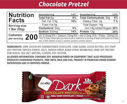 NuGo Dark Chocolate Pretzel and Sea Salt, 12g Protein Bar, Vegan, Gluten Free, Non-GMO, Kosher Pareve, 24 Count