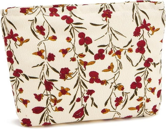WOZEAH Floral Corduroy Makeup Bag for Purse Small Cosmetic Pouch,Stylish Zipper Make up Pouch Travel Canvas Toiletry Bags(Flower Branches 2)