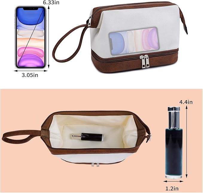 Stylish Makeup Bag Organizer Travel Case for Women Cosmetic Bag for Toiletries and Makeup Waterproof Leather Cosmetic Bag Perfect Fit Home or on the Go (C-White/Brown)