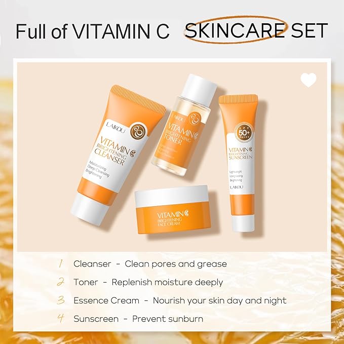 Vitamin C Travel Skincare Set for Teenage Girls, Skin Care Set Travel Kit 4 Pack, Face Routine Set for Women and Girls with Cleanser, Toner, Face Cream, Sunscreen SPF50 - Travel Essentials Gift Set