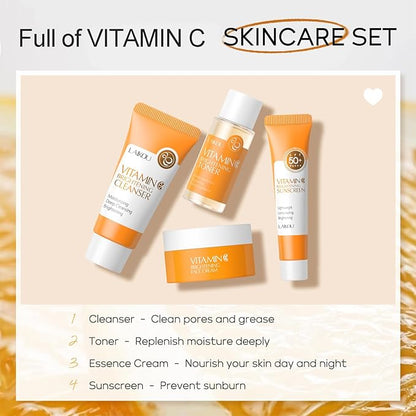 Vitamin C Travel Skincare Set for Teenage Girls, Skin Care Set Travel Kit 4 Pack, Face Routine Set for Women and Girls with Cleanser, Toner, Face Cream, Sunscreen SPF50 - Travel Essentials Gift Set