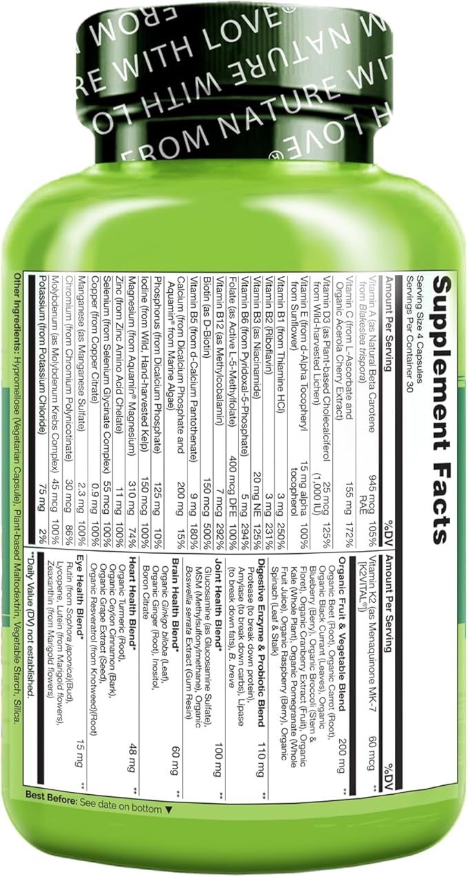NATURELO Whole Food Multivitamin for Women 50+ (Iron Free) with Vitamins, Minerals, & Organic Extracts - Supplement for Post Menopausal Women Over 50 - No GMO - 120 Vegan Capsules