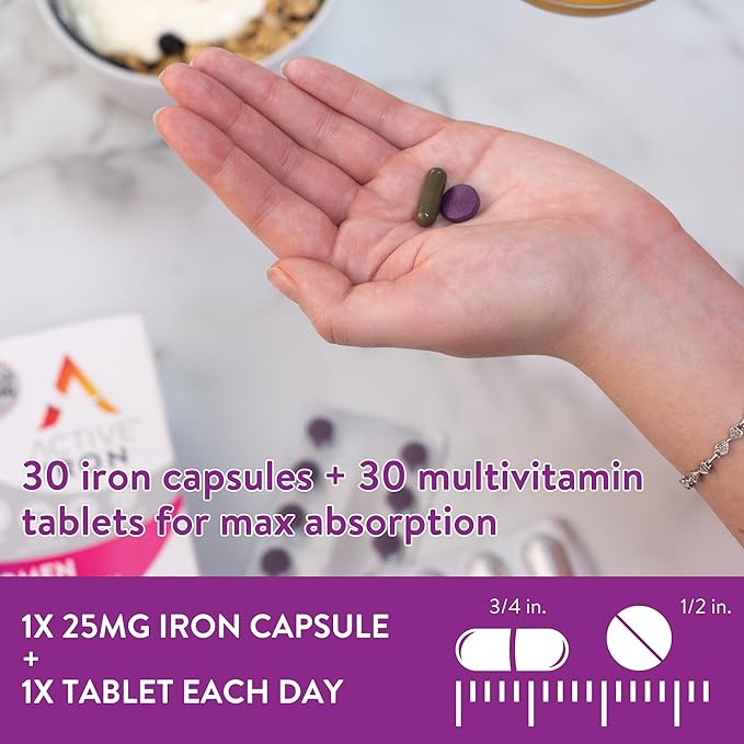 Active Iron for Women, Non-Constipating, 30 Active Iron High Potency Capsules with 30 Multivitamin Tablets, Helps Strengthen Your Immune System, 2 Pack