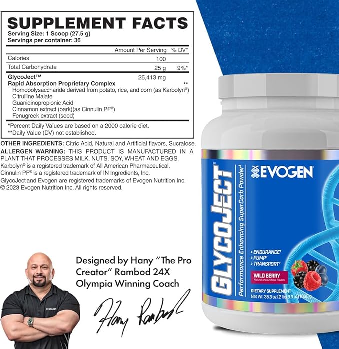 Evogen GlycoJect - Super Carb Powder | Rapid Absorption for PreWorkout | Carbohydrate Powder for Endurance | Post-Workout or Pre Workout Powder for Men & Women | Wild Berry | 36 Servings