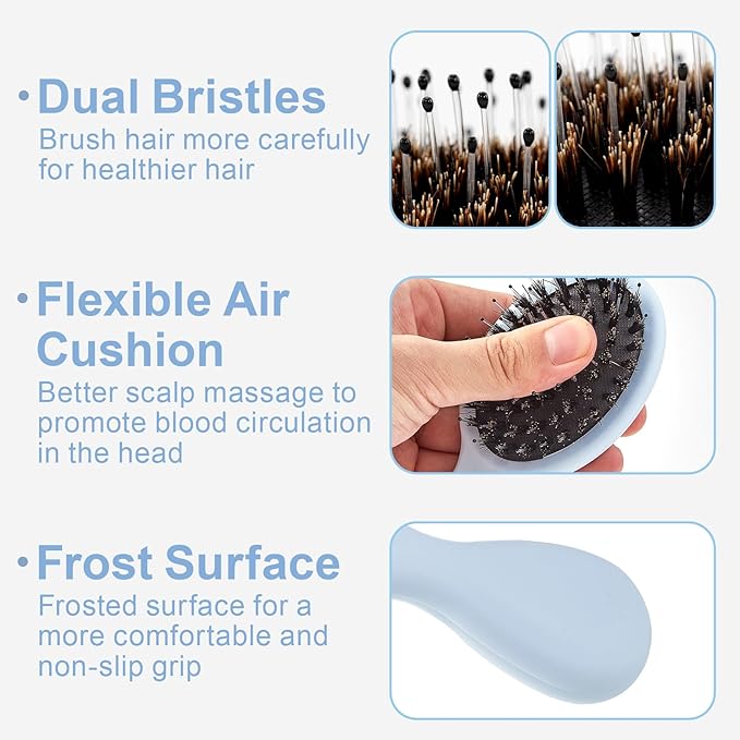 Mini Boar Bristles Hair Bursh, Travel Size Hair Brush for Women Men Kids, Protable Small Hair Brush for Pockets Purses, Mini Detangler Brush for Smooth Add Shine (1 Pack-Blue)