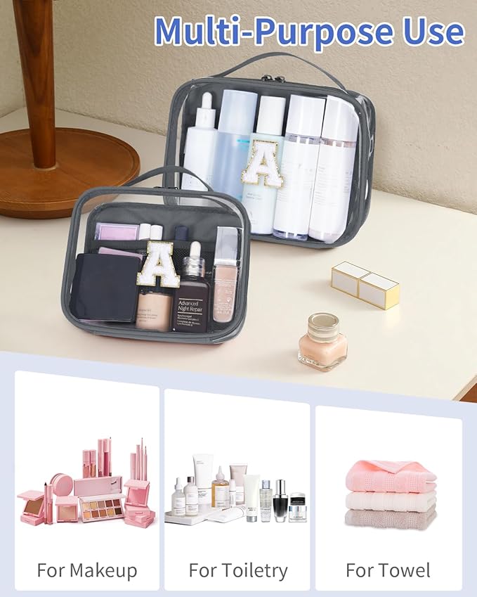 Wandering Nature Clear Makeup Bags 2 Pack Personalized Initial Makeup Pouch Preppy Small Cosmetic Pouch Organizer Travel Toiletry Bag, Birthday Gifts for Girlfriend Women