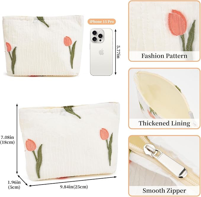 WOZEAH Floral Makeup Bag for Purse Small Cosmetic Pouch,Stylish Zipper Make up Pouch Travel Canvas Toiletry Bags(White Tulips)