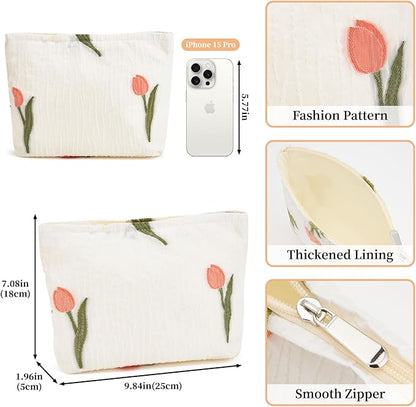 WOZEAH Floral Makeup Bag for Purse Small Cosmetic Pouch,Stylish Zipper Make up Pouch Travel Canvas Toiletry Bags(White Tulips)