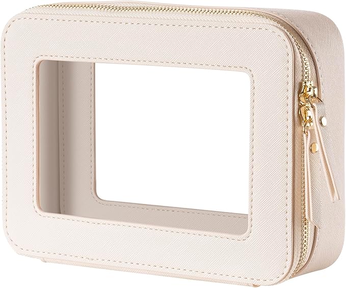 Keains Clear Makeup Bag for Women，Cosmetic Organizer Case Transparent Waterproof Travel Toiletry Bag with Zipper，Portable Make Up Organizer Traveling Compact Car Bag for Essentials（Off White）