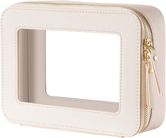 Keains Clear Makeup Bag for Women，Cosmetic Organizer Case Transparent Waterproof Travel Toiletry Bag with Zipper，Portable Make Up Organizer Traveling Compact Car Bag for Essentials（Off White）
