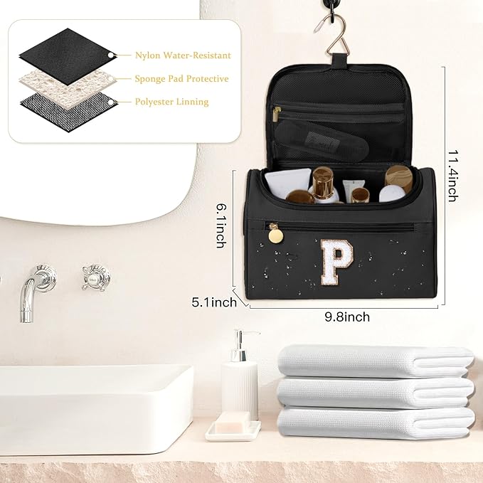 COSHAYSOO Summer Birthday Gifts for Women Her Beach Vacation Gift Ideas Personalized Travel Size Toiletries Organizer, Large Hanging Toiletry Bag Skincare Case Waterproof Traveling Black Letter P