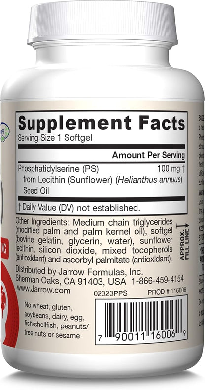 Jarrow Formulas PS100 Phosphatidylserine 100 mg, Dietary Supplement for Brain Health and Cognition Support, 60 Softgels, 20-60 Day Supply, Pack of 12