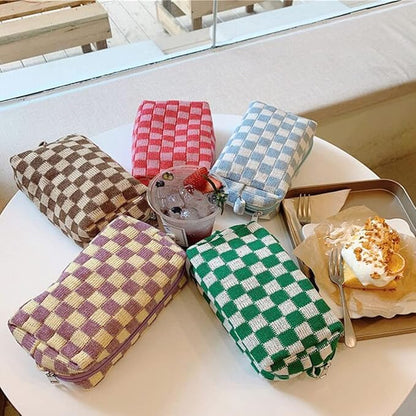 SxoSyo 2 Pcs Cosmetic Bags for Women Makeup Bag Purse Travel Toiletry Zipper Storage Pouch Make up Brushes Organizer for Gifts (Checkered, Green 2)