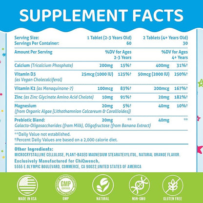 500 MG Calcium Supplement with Vitamin D3 & K2, Zinc, Magnesium & Prebiotics. Kids Vitamins for Kids' Height. Bone Strength, High Absorption, Orange Chewables, Non-GMO, Gluten Free, 120 Tabs