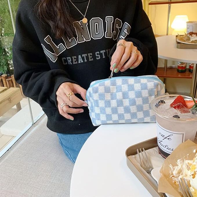 SxoSyo 2 Pcs Cosmetic Bags for Women Makeup Bag Purse Travel Toiletry Zipper Storage Pouch Make up Brushes Organizer for Gifts (Checkered, Blue 2)
