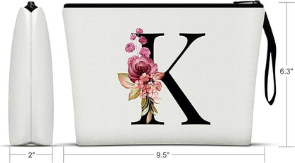 Vavabox A-Z Personalized Makeup Bag, Birthday Gifts for Women Mom, Gifts for Best Friend, Bride Bridesmaid Cosmetic bag (K, White)