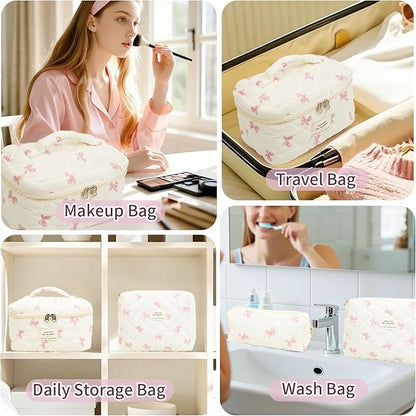 3Pcs Cotton Quilted Makeup Bag Set,Large Floral Cosmetic Bag，Aesthetic Toiletry Travel Makeup Bag Set and Cute Flower Bag for Women Girls (White Pink Bow)