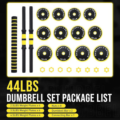 2-In-1 Adjustable Dumbbell Set, Dumbbell and Barbell Set, Yellow