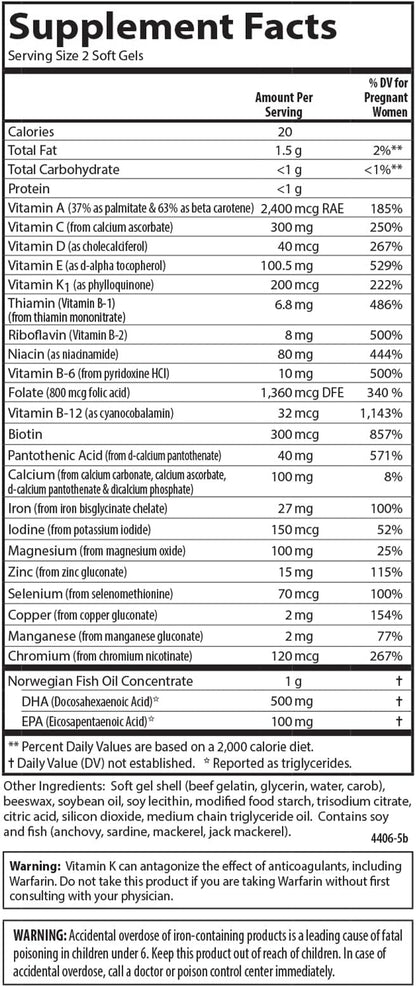 Carlson - Prenatal, Multiple with DHA & Vitamin D3, Pregnancy Health, Fetal Development & Immune Support, 60 Softgels